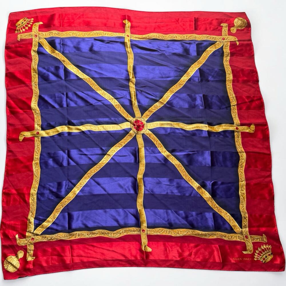 Vintage Ellen Tracy Silk Scarf Red Blue Gold Equestrian Crown Print Square Scarf
